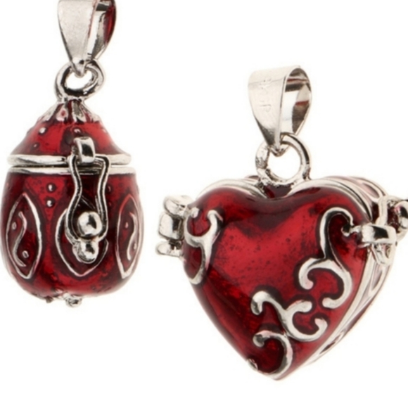 Jewelry - 2 Cremation Keepsakes Red Enamel Heart Egg Locket Pendants Red Silver-tone